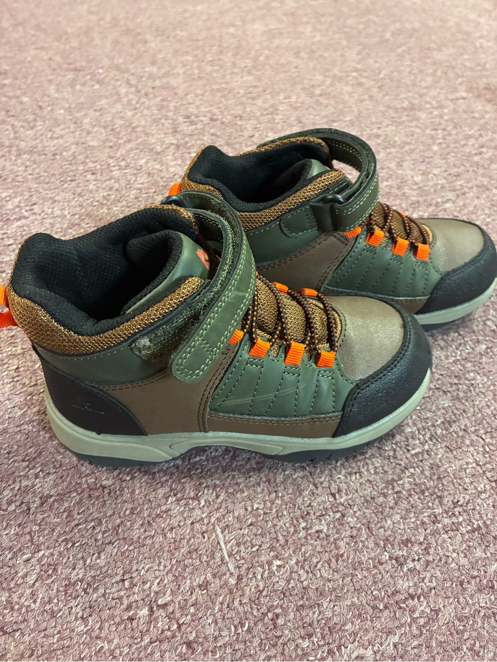 Ozark Trail Olive Green and Brown Kids Hiking Boots with Orange Details